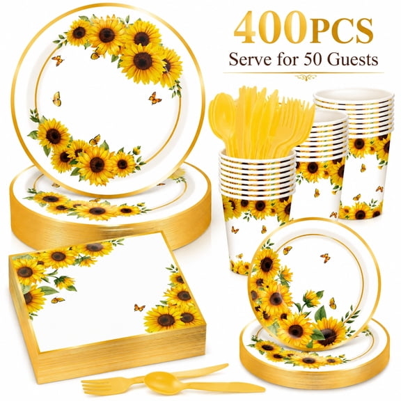 PanJoidys 400 Pcs Sunflower Paper Plates Gold Rim with Napkins Cups Yellow Plastic Cutlery Disposable Tableware Serve 50 Guests for Birthday Party Baby Shower Wedding Decorations