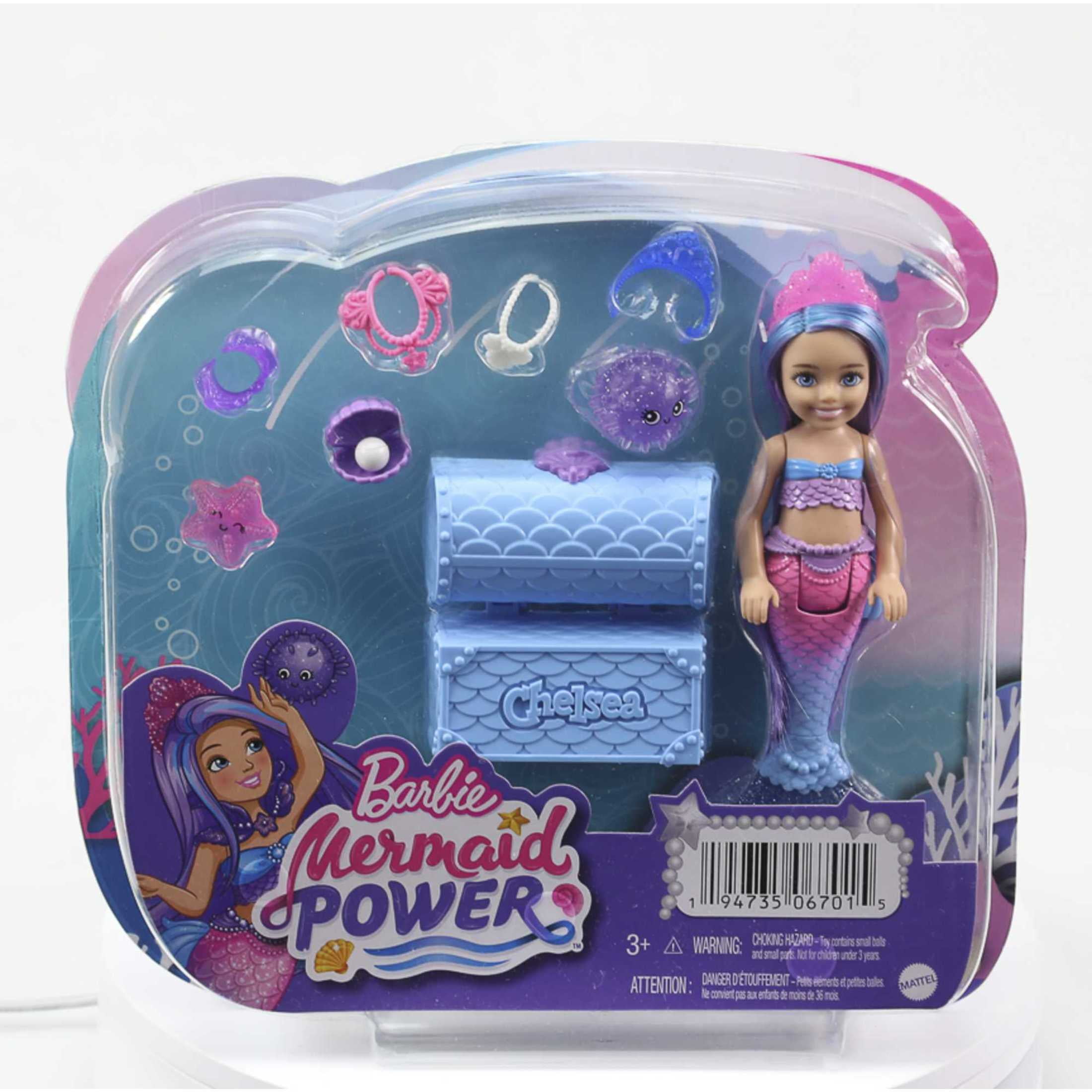 Barbie Chelsea Mermaid Power Doll with Ocean Pets, Treasure Chest
