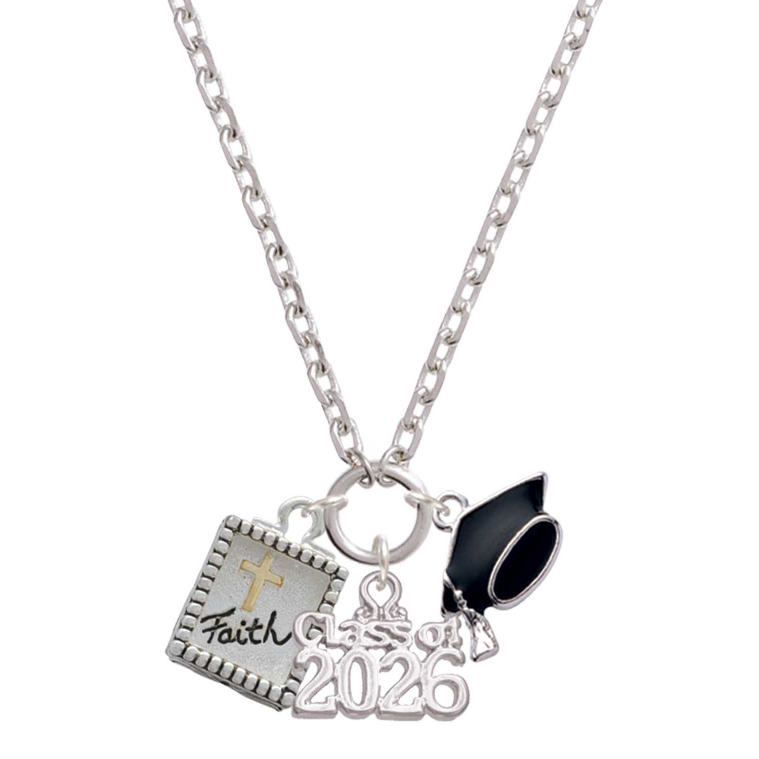 Delight Jewelry Two-tone Shadow Box ''Faith'' with Cross - Silvertone Class of 2026 Graduation Zoey Charm Necklace, 28"