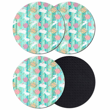 Easter Bunny Eggs Coasters Set of 4 Absorbent Coasters for Drinks Spring Leaves Daisy Flowers Green Stripes Coaster for Desk Coffee Table Protection Home Decor House Warming Gifts 4