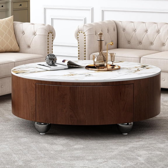 Tabaray Modern Round Drum Coffee Table Luxury Sintered Stone Top Coffee Table with Storage Drawers,Walnut Wood Frame and Brushed Stainless Steel Legs,Marble Grain Center Table for Living Room