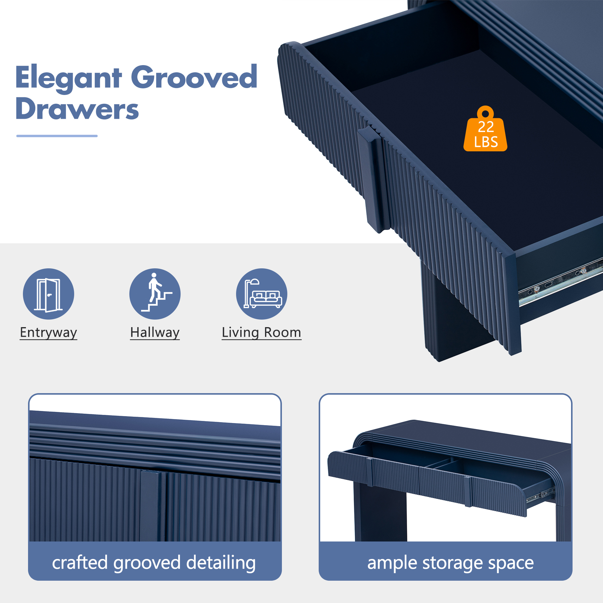 Euroco 55" Unique Curved Console Table with 2 Storage Drawers, Fluted Accent Entryway Table Sofa Table for Hallway Living Room Foyer,Navy Blue