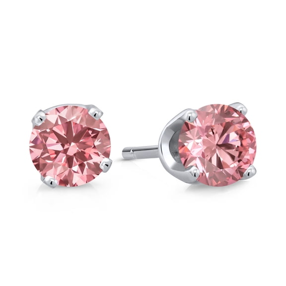 Gem Stone King 14K White Gold Pink Lab Grown Diamond Stud Earrings for Women | 0.26 Cttw | Gemstone April Birthstone | Round 3MM