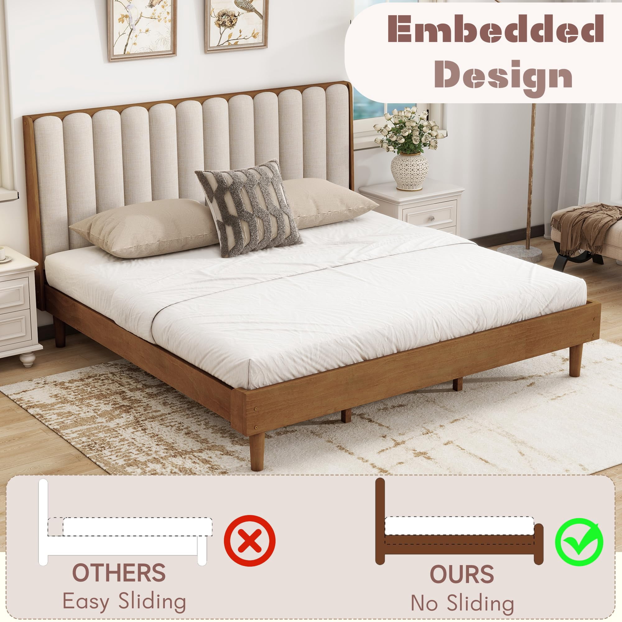 Wood King Size Bed Frame, Platform Bed King with Solid Rubber Wood Legs, Tall Upholstered Tufted Headboard, Wheat
