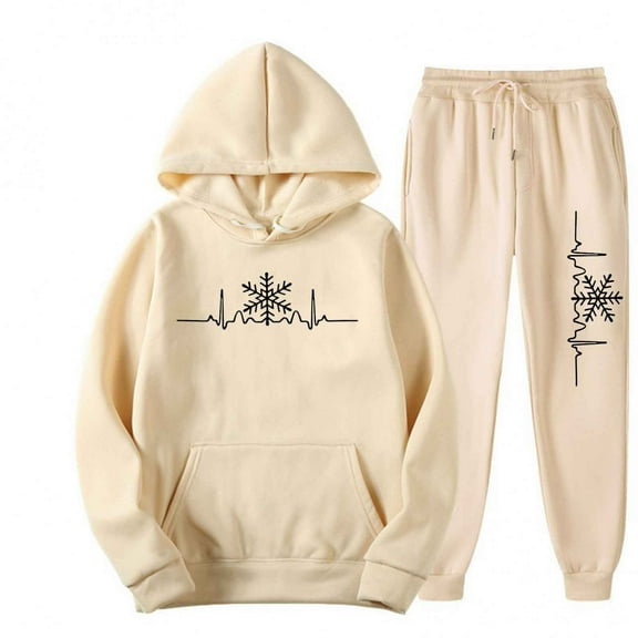 VBVC Women's 2 Piece Snowflake Sweatsuit,Ladies Drawstring Pullover and Jogger,Workout Hoodie Set For Women,Beige,Size L