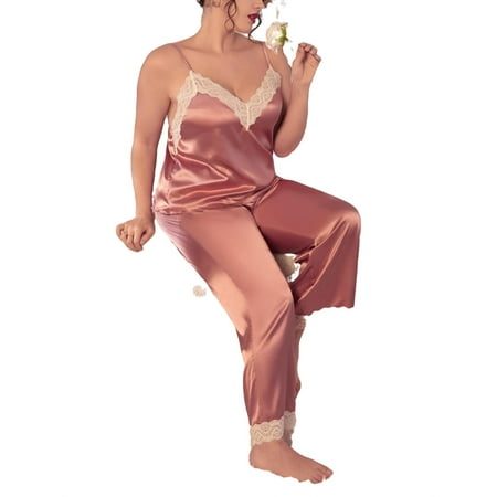 

Elegant Colorblock Spaghetti Strap Pant Sets Sleeveless Dusty Pink Plus Size Pajama Sets (Women s Plus)