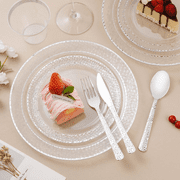 Goodluck Disposable Dinnerware Set for 50 Guests, 350PCS Clear Plastic Plates with Silver Trim, Silver Cutlery, Cups & Napkins for Parties