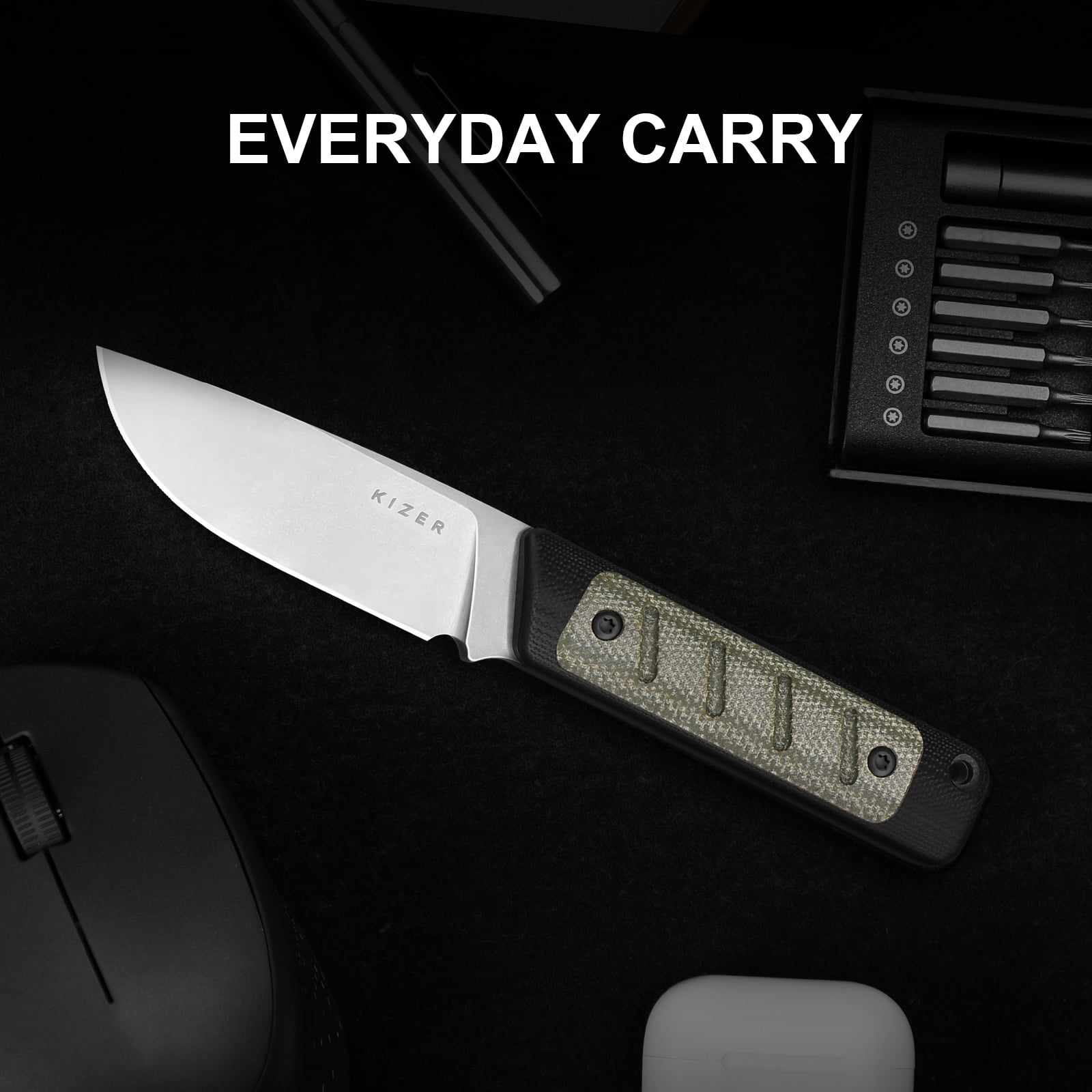 Kizer Smolt Fixed Blade with Kydex Sheath 1063A6 , 2.93" 14C28N Blade G10 + Micarta Handle Drop point EDC  Pocket Knife, Black & Green