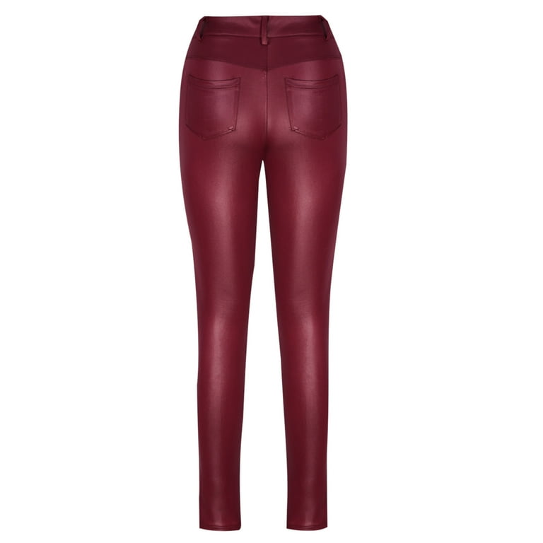 YYDGH Women's Faux Leather Skinny Pants Button Front High Waisted PU  Leather Leggings Pants Wine Red L 