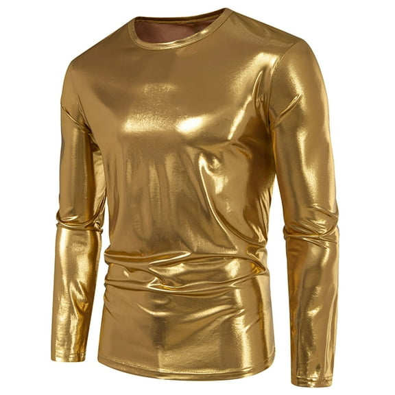 Satin T Shirts for Men Sparkly Long Sleeve Crewneck Tees Tops Mens Trendy Solid Color Shiny Stretchy Slim Pullover Nightclub Party Tshirts Shirt