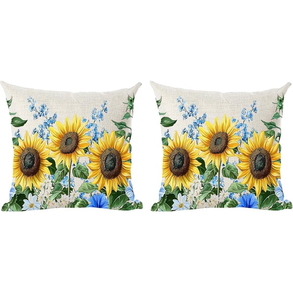Set of 2 Ink Painting Watercolor Yellow Sunflowers Blue Flowers Summer Decorative Throw Pillow Cover Case Home Living Room Bed Sofa Car Square 18 x 18 Inches