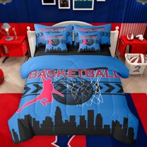 Manfei Est Sleep Basketball Twin Bedding Sets 7-Piece for Boys, Modern City Print Bedding Comforter Set, Cartoon Sports Theme Reversible Sheet Sets, Dodger Blue Super Cozy Room Decor