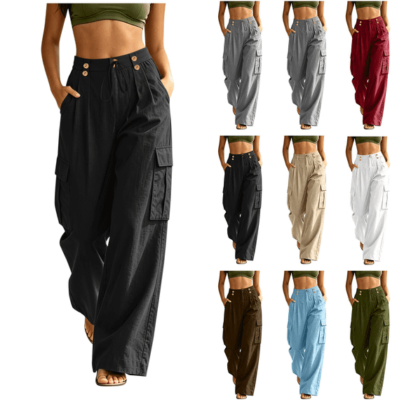 Women High Waisted Cargo Pants Casual Solid Color Straight Leg Long Pants With Multiple Pockets Back Elastic Waist Baggy Stretchy Pant