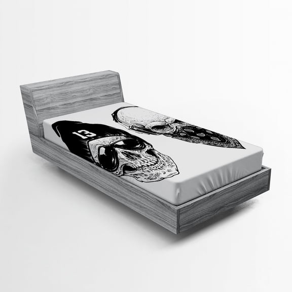 Ambesonne Black White Fitted Sheet, Funny Skull Band, Twin XL Size, Black White