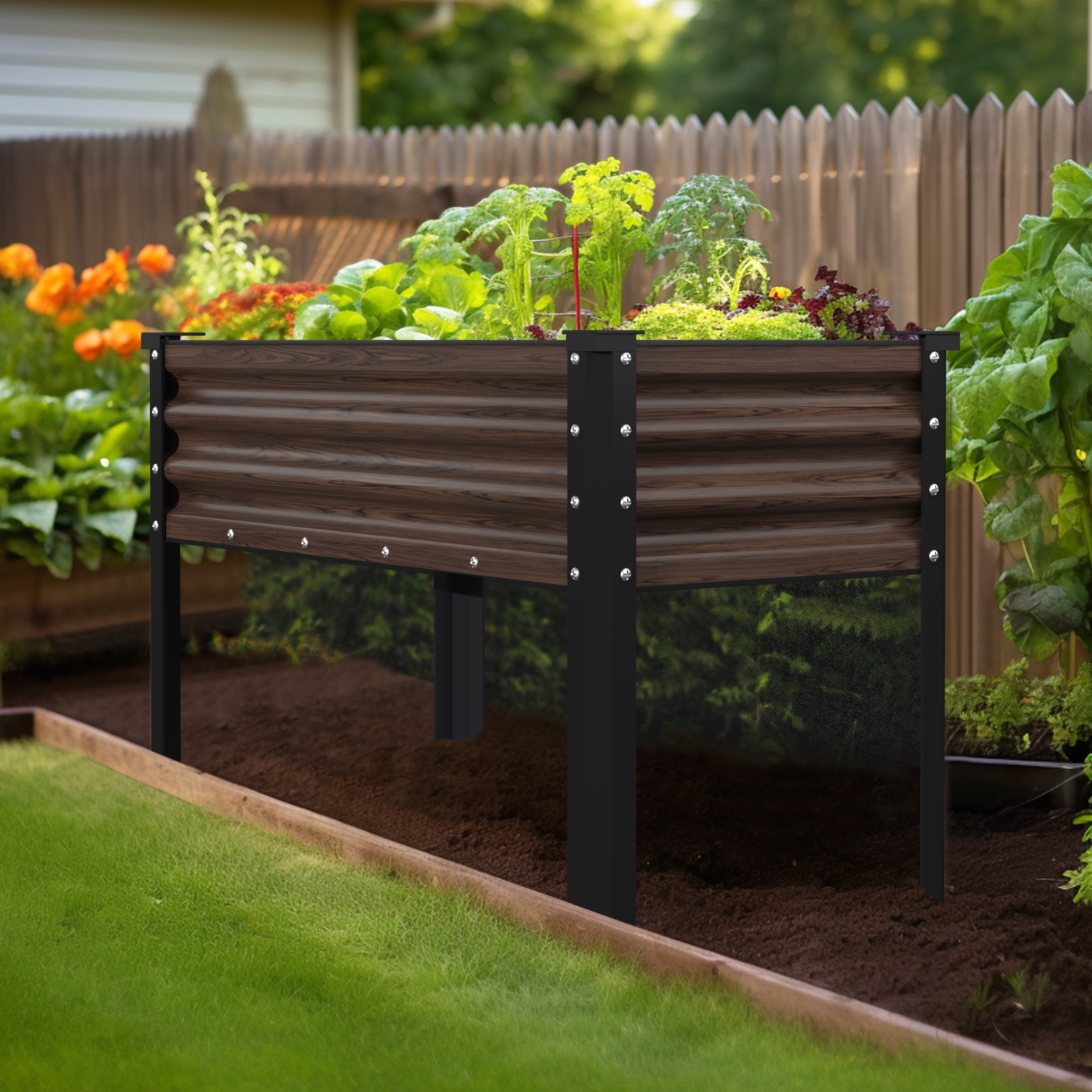 VEIKOUS 48"L×23"W×32"H Galvanized Steel Raised Garden Bed W/Drainage, Liner & Corner Protectors, Rustic