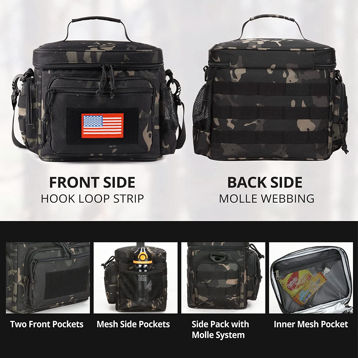 TRIPGEAR Lunch Box for Men, Mens Lunch Bag with Webbing Leakproof Insulated Large Capacity Cooler Bag with Adjustable Shoulder Strap(12.3L Camo-Black)