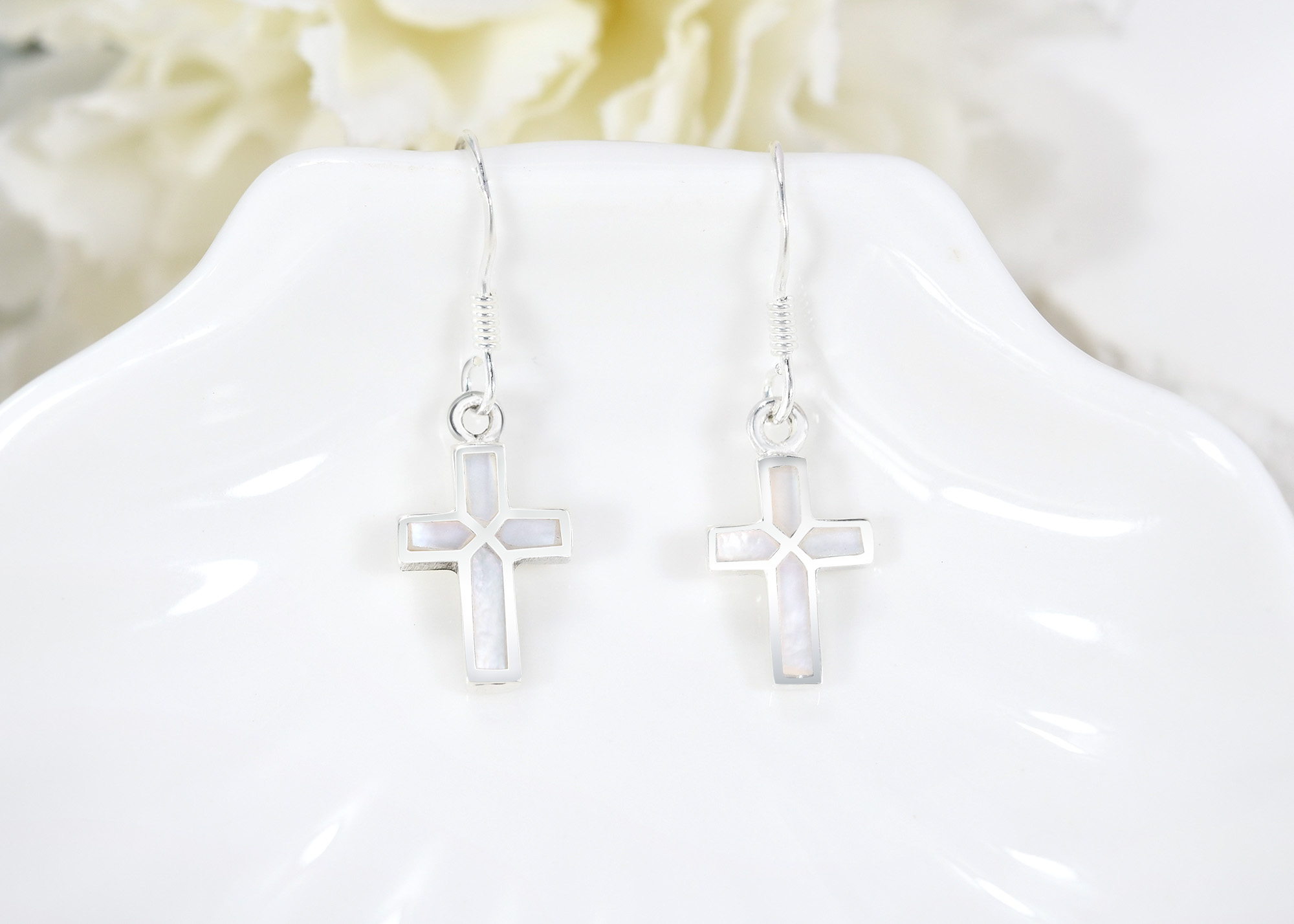 Mini Cross Inlaid White Mother of Pearl Sterling Silver Dangle Earrings