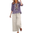 thumbnail image 4 of GZWYHT Cotton Linen Sets For Women,Spring Outfits Trendy Cotton Set Summer Travel Outfits Resort Outfits Trendy Retro Embroidered Summer Vacation Top Wide Leg Pants Purple L, 4 of 5