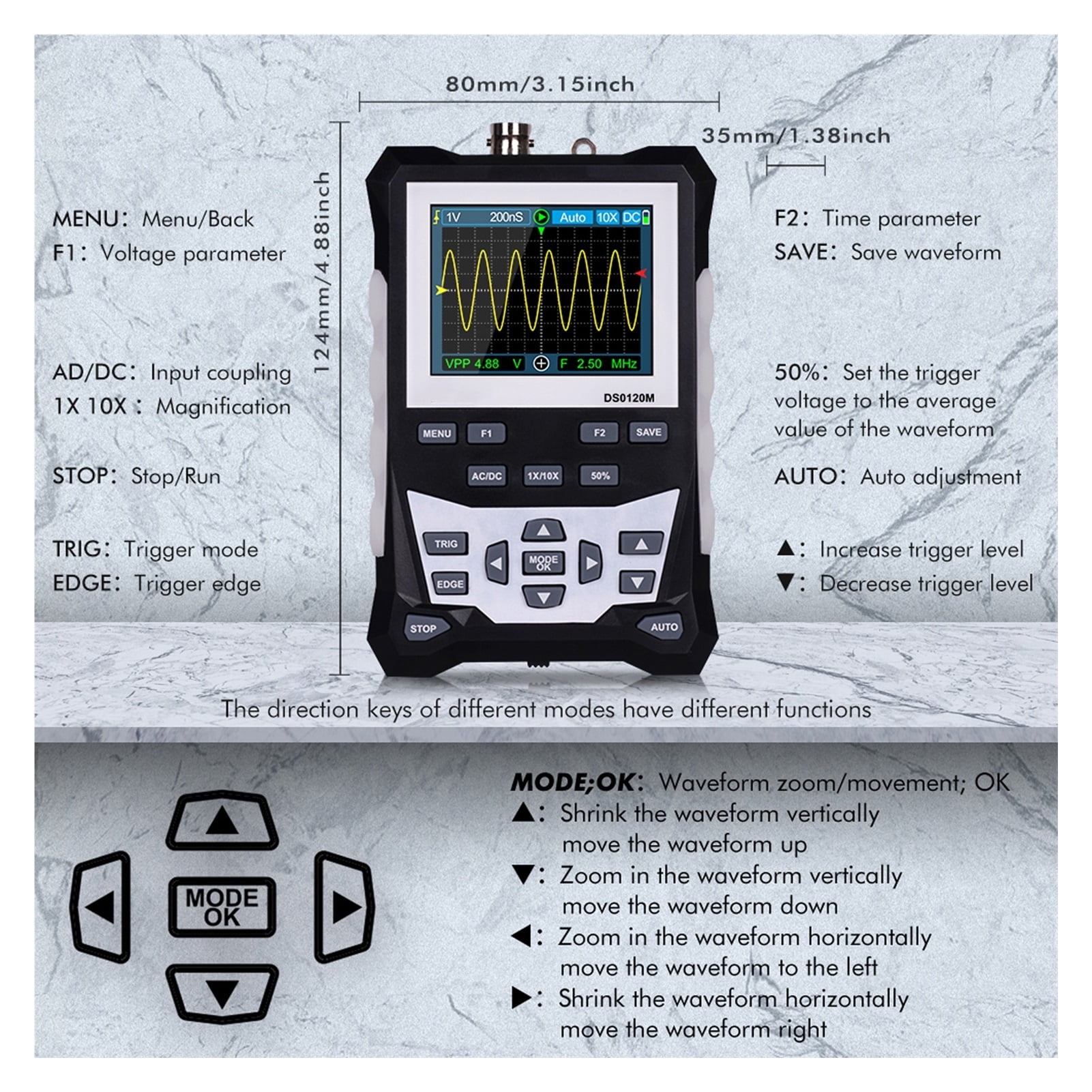 Digital Oscilloscope 320x240 2.4 Inch Portable 120MHz Bandwidth 500MSa/s Sampling Rate with Waveform Storage ,Professional Designed