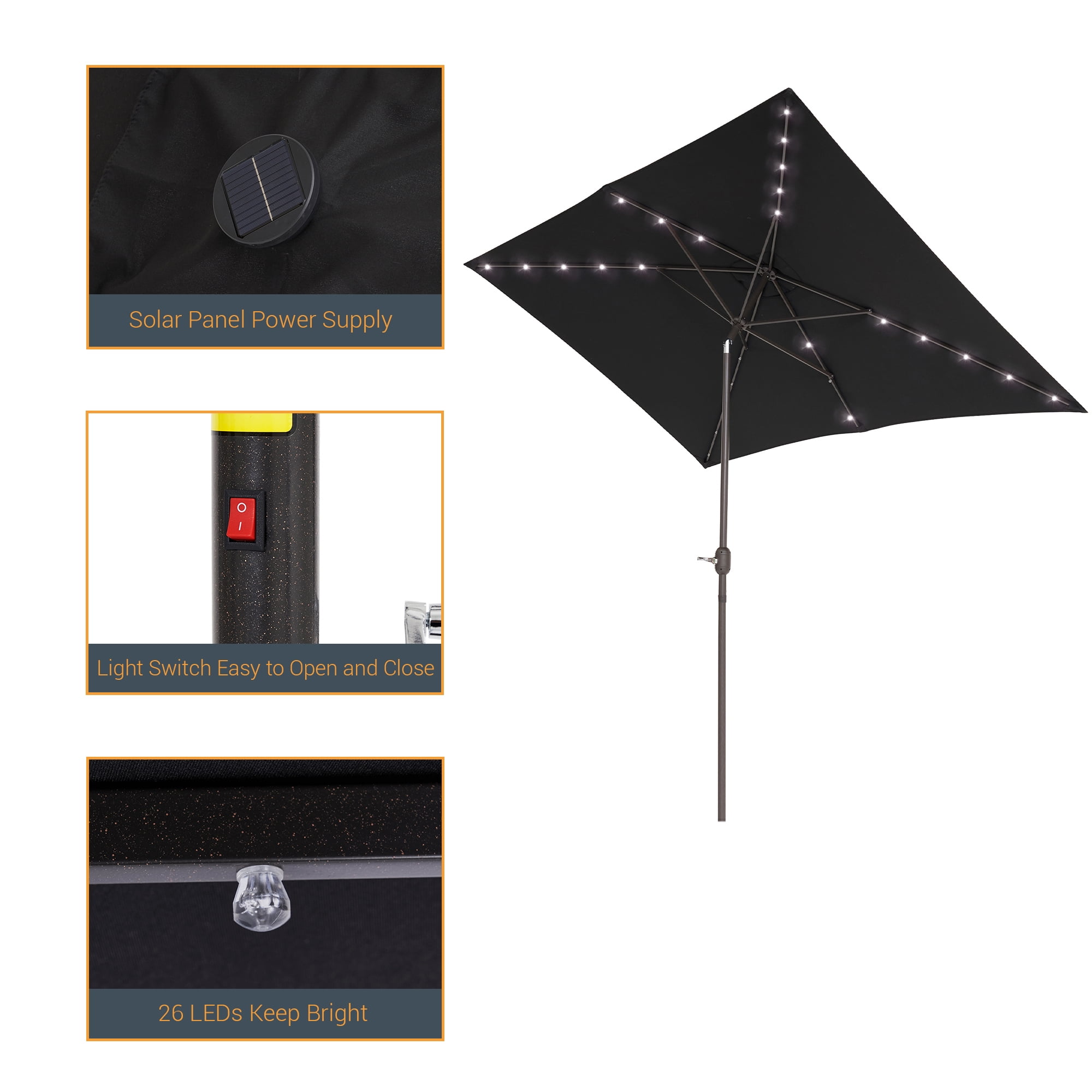 ACEGOSES 10x 6.5ft LED Solar Outdoor Patio Rectangle Table Umbrellas with Non-Fading Canopy for Garden and Yard,Black
