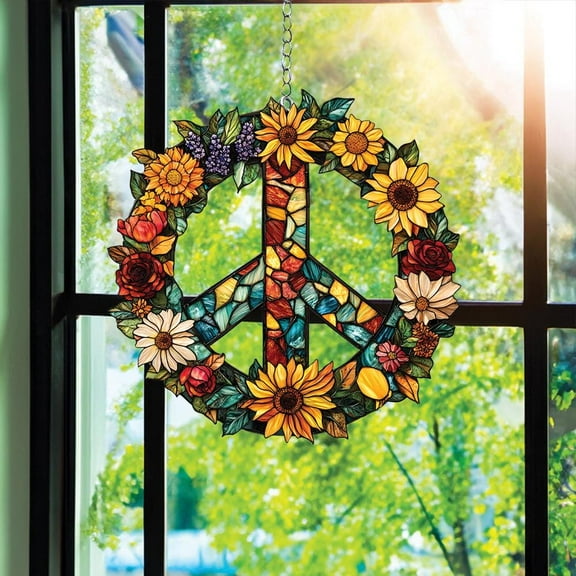 Groovy Peace Sign Acrylic Suncatcher, Hippie Faux Stained Acrylic Window Hanging,Vintage Peace Symbol Ornament for Bohemian Decor,Gift for Mom