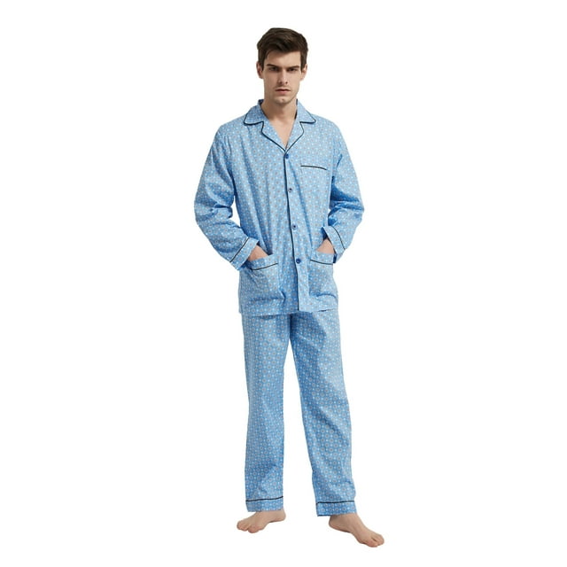 GLOBAL Conjuntos de Pijamas de Algodón para Hombre, Ropa de Dormir de Manga Larga con Botones, Ropa de Dormir Cómoda, Conjunto de Pijama Suave con Estampado Geométrico Azul M
