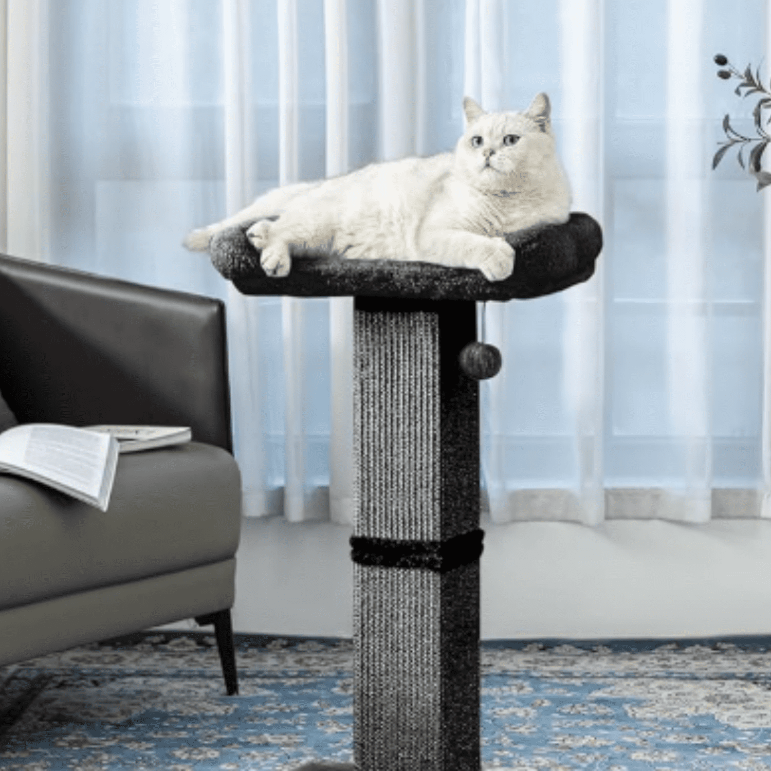 32" Cat Scratching Post for Indoor Cats, Sisal Cat Scratcher with P Perch, Large Scratch Post with Bed, Removable Cover, Sisal Fabric,Black