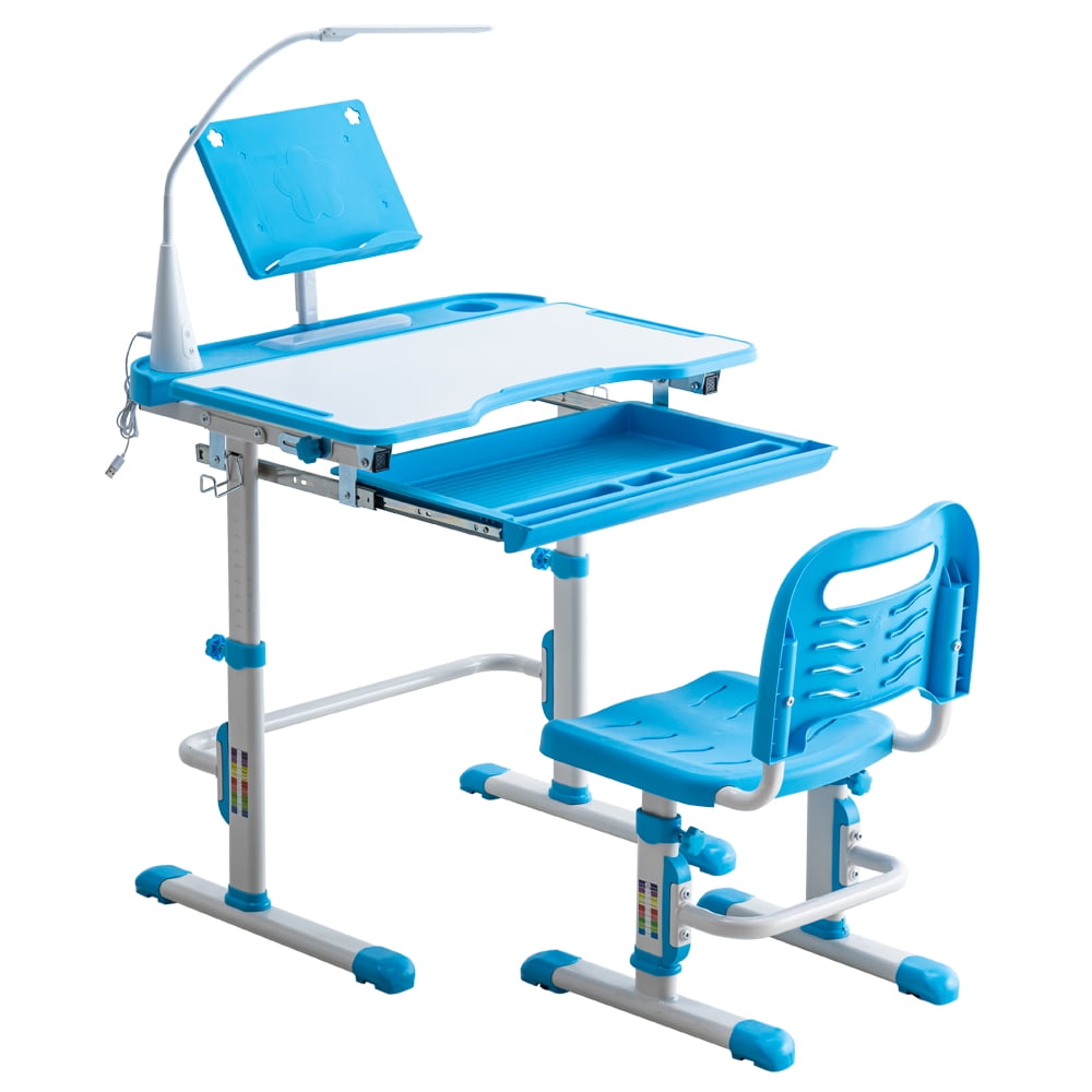 Kids Desk and Chair Set, Height Adjustable Children Study Table with Led Light, Bookstand, Wood
