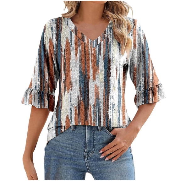 WRKEKC Womens Long Sleeve Tops, Long Sleeve Shirts for Women, Women's Trendy Split Elbow-Length Flare Sleeve V-Neck Casual Loose Printed T-shirt