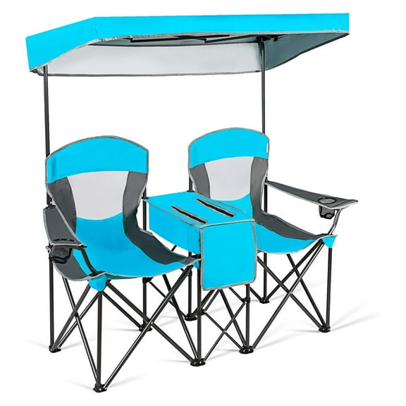 Double Camping Chair, Portable Camping Chair with Canopy, Cup Holder, Iced Bag, Storage Bag, Carrying Bag, Folding Loveseat Camping Chair for Adults, Outdoors Sport, Blue