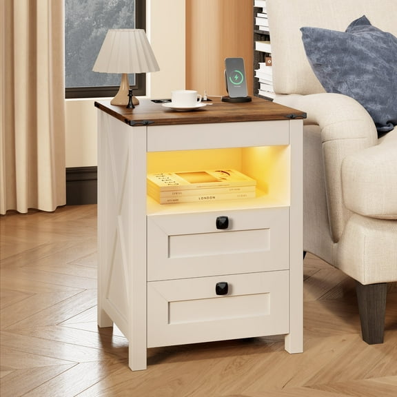 VKCC Rustic 2 Drawers Nightstand with LED Lights & Charging Station, Farmhouse Bedside Table with Open Shelf, White