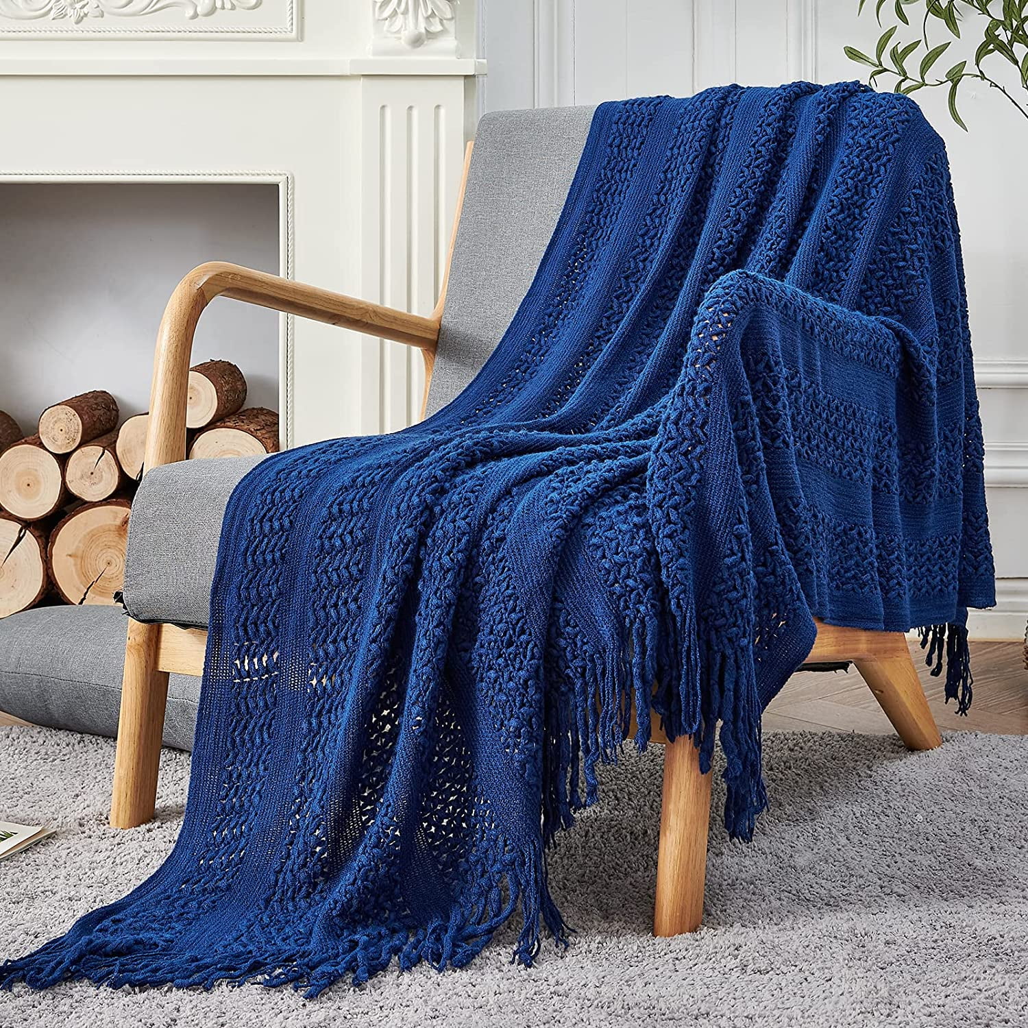Chunky Throw Blanket Navy Blue Soft Knit Mesh Tassels Style Indoor Outdoor Travel Coverlet for Sofa Comforter Couch Bed Recliner Living Room Bedroom Nursery Gift Winter 50 x 60 inch Walmart