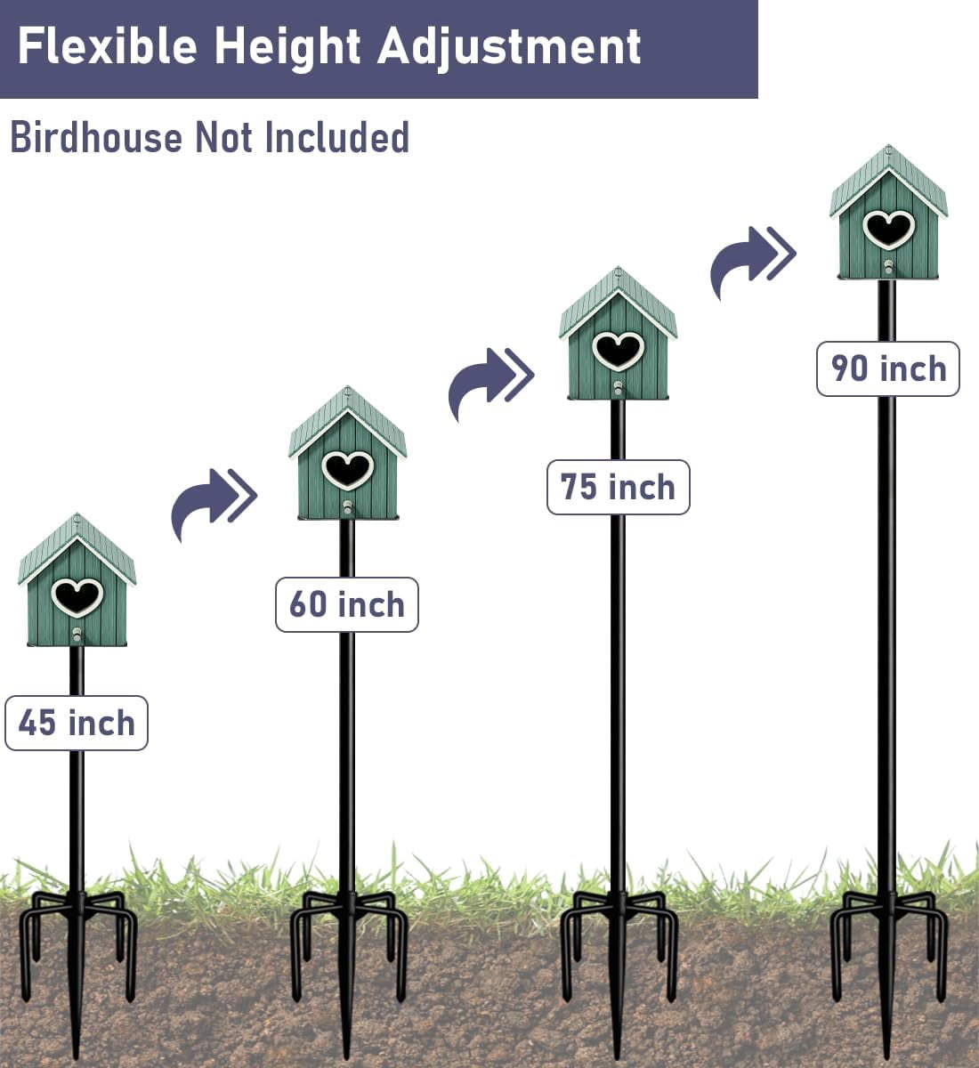 90 Inch Smart Bird Feeder Pole with 5-Prong Base, Adjustable Bird House Pole Mount Kit for Outdoors, Heavy Duty Bird Feeder Stand for Wild Birds Watching, Black