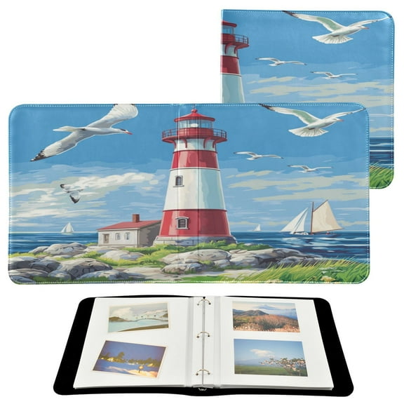 WOBOGO Coastal Lighthouse Photo Albums 20 Pages Large Capacity DIY Self-adhesive Page PU Leather Cover for Family Wedding Anniversary Baby Vacation Photos 24×11.8in