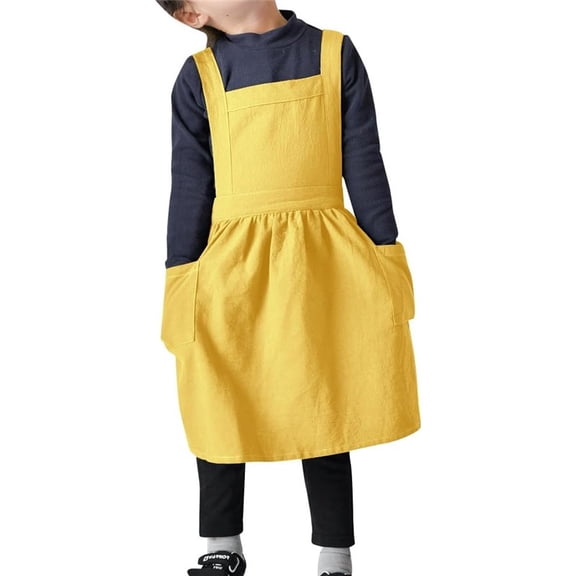 Children's all cotton waterproof Korean style printed adjustable extended apron, kitchen cotton linen apron - yellow M