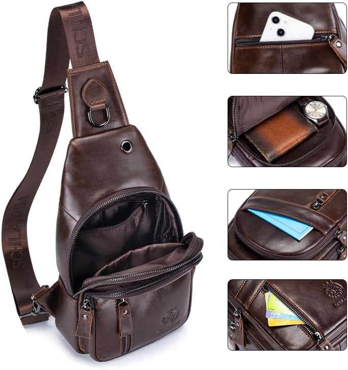 SCHLATUM Genuine Leather Crossbody Sling Bag for Men, Coffee