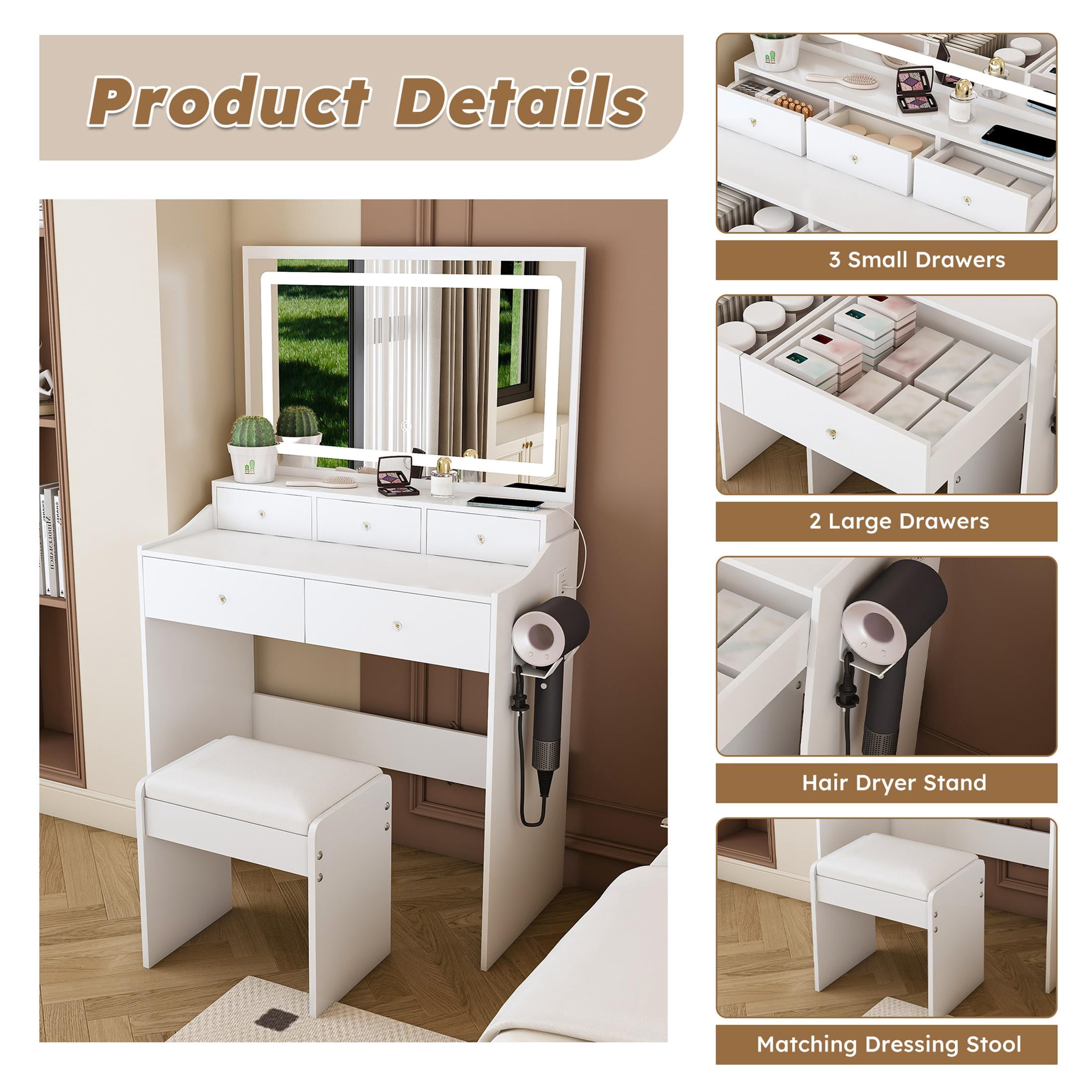 UHOMEPRO Vanity Set with Mirror, Lighted Makeup Vanity Desk with 5 Drawers, Storage Shelves, Hair Dryer Rack, and Cushioned Stool, Modern Makeup Desk Dressing Table for Girls Bedroom, White
