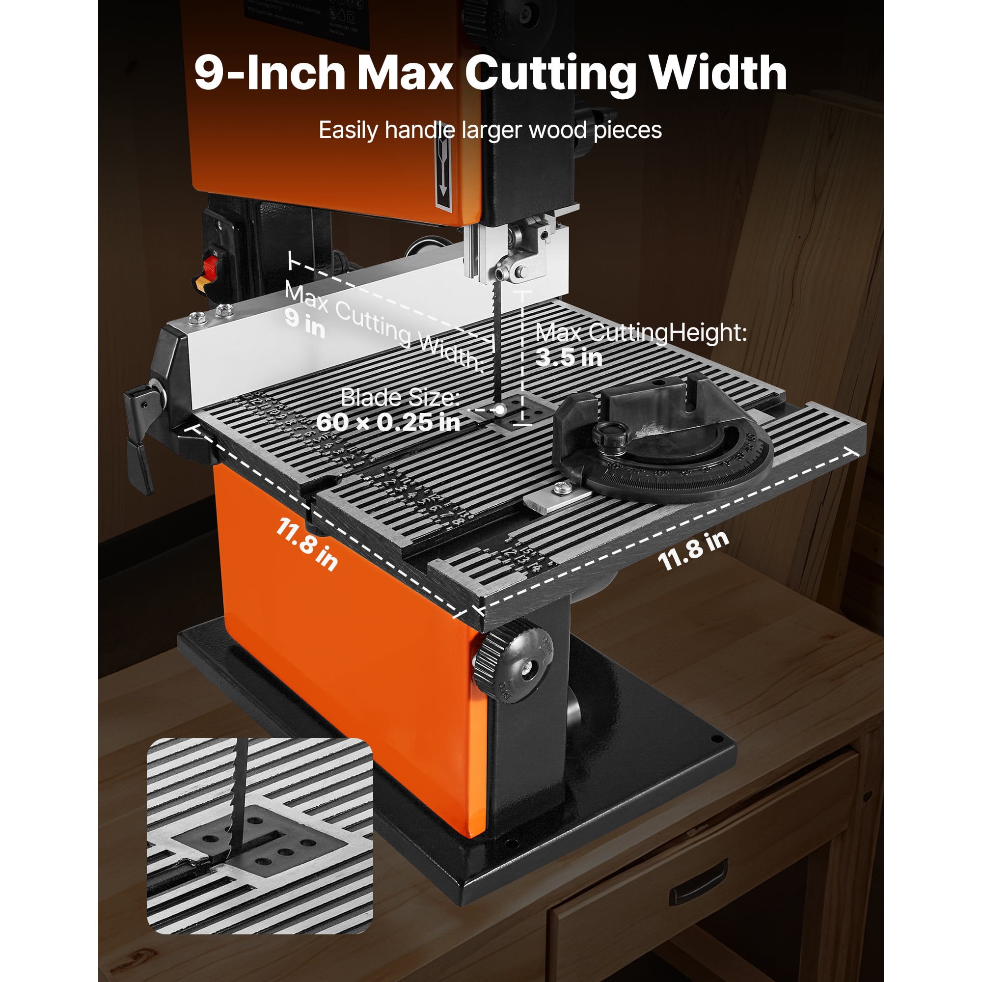 KFFKFF 9-Inch Band Saw for Woodworking, Benchtop Design with 1/2 HP Motor, 3.5-Inch Maximum Cutting Height, 11.8 x 11.8 in Durable Cast Aluminum Table, Adjustable 0-45° Tilt, Includes Miter Gauge