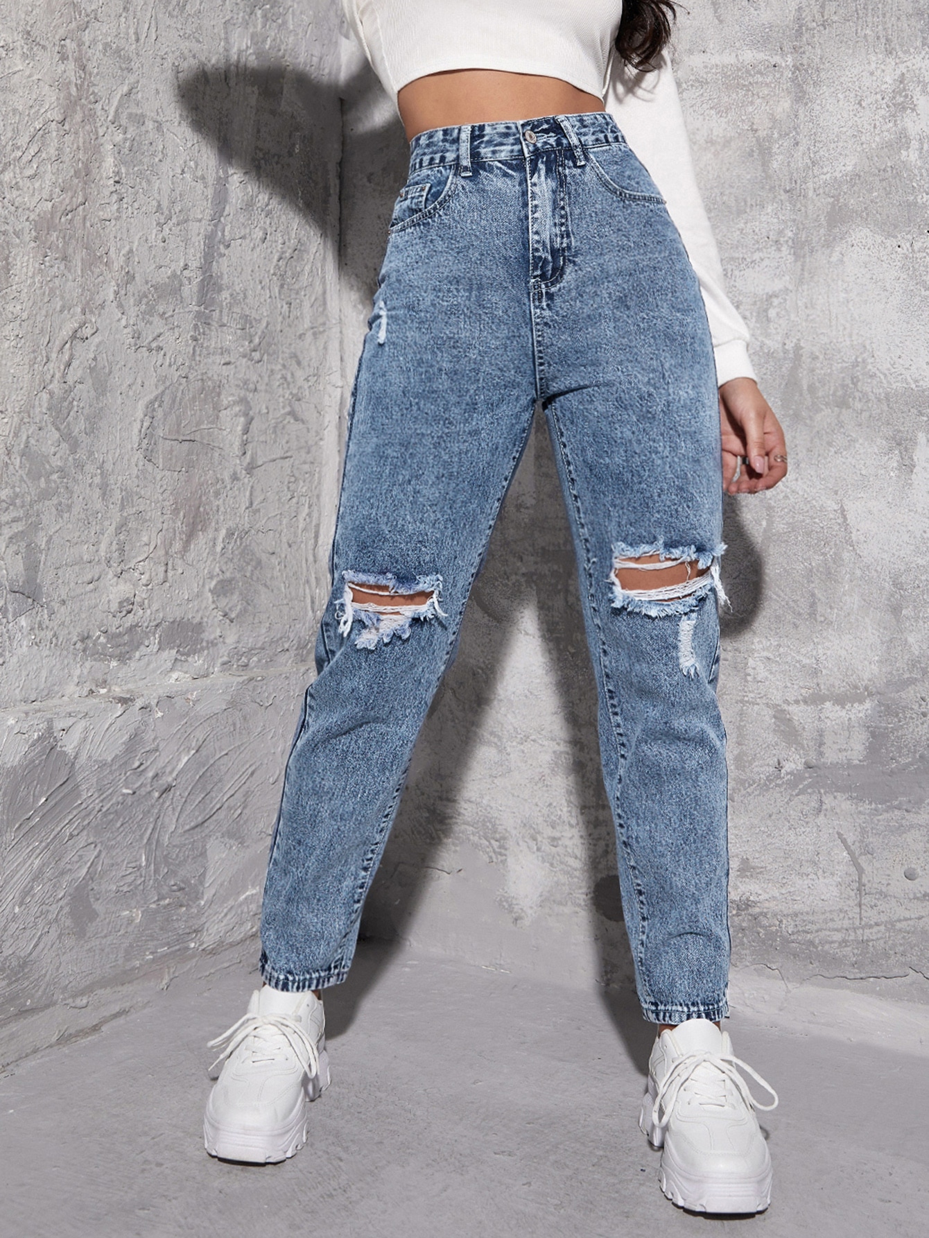 High Waist Ripped Mom Jeans 2022 L 