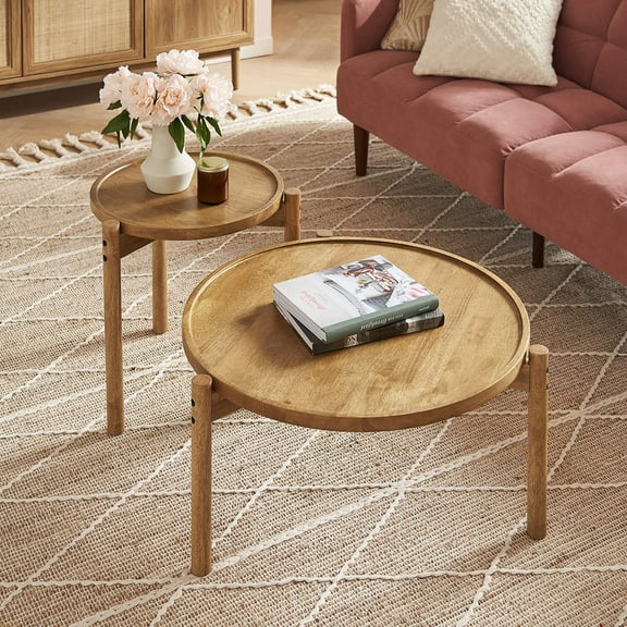 mopio Dylan Coffee Table, Small Round Coffee Table Set, 2 Piece Solid Wood, Boho, Farmhouse, Rustic, Modern, Circle, Living Room Table, Nesting Tables, with Sturdy Durable 3-Leg