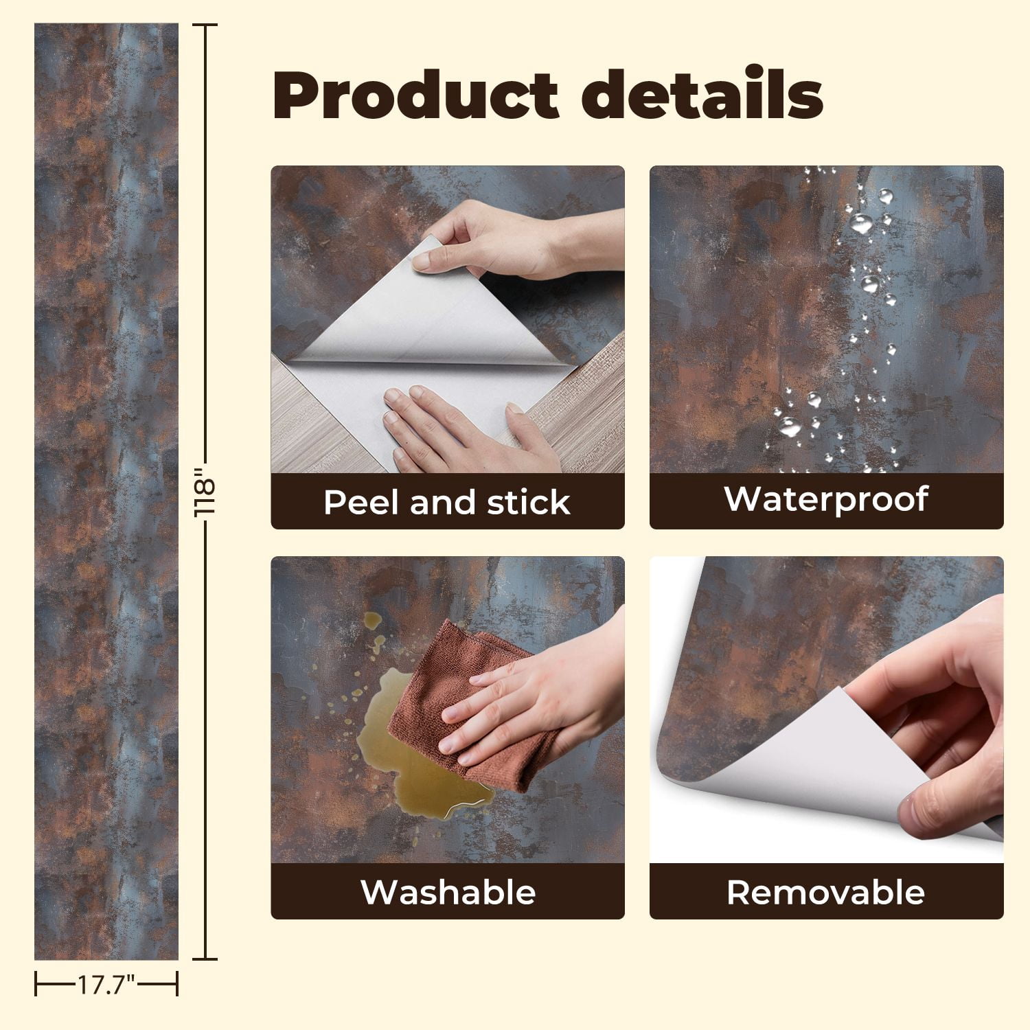 Peel and Stick Wallpaper Abstract Rust Blue Patched Texture Weathered Finish Wall Mural 17.7in x 9.8ft Self Adhesive Removable Wall Paper Renter Friendly Wallpaper for Nursery Bedroom Cabinets