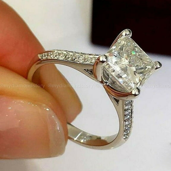 Solitaire 2CT Princess Cut Lab Created VVS1/D Diamond Ring 14K White Gold Plated 925 Silver