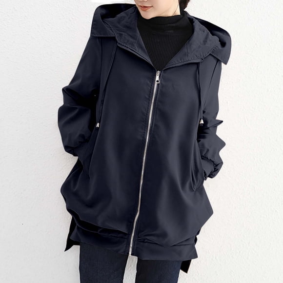 Mceream Women's Hooded Trench Coat Zip Up Long Sleeve Lightweight Windbreaker 2025 Fall Winter Outerwear with Pockets Plus Size Outfits Clothes Chaquetas Para Mujer Navy XXL