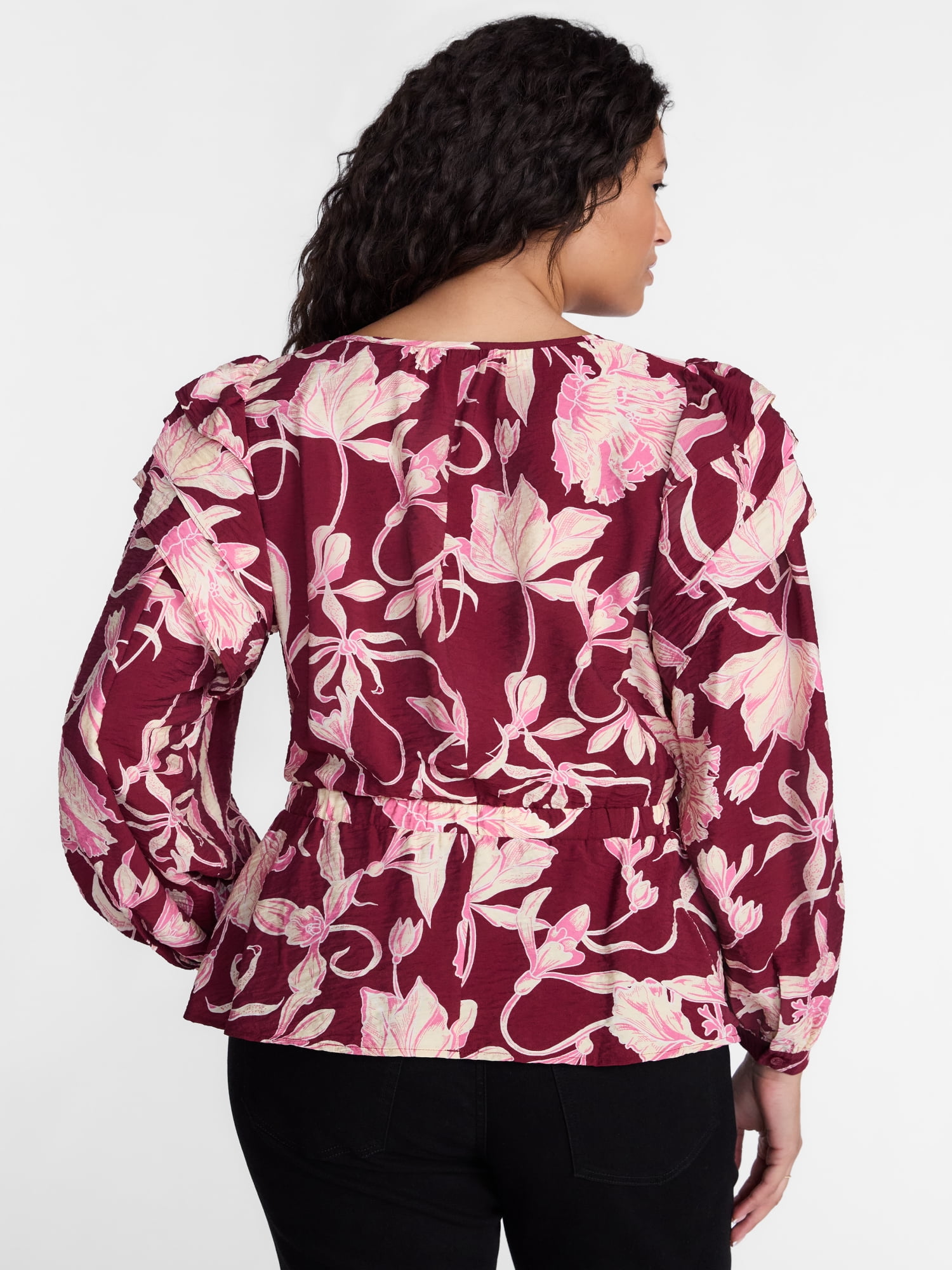 Terra & Sky Ruffled Shoulder Tie Waist Top with Long Puff Sleeves, Sizes 0X-5X