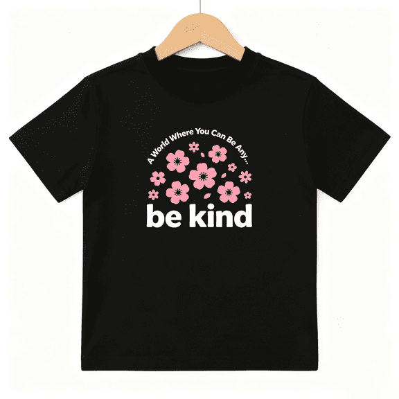 Be Kind Cherry Girls Graphic Tee, Cute Floral Sakura Blossom 100% Cotton Kids Short Sleeve T-Shirt