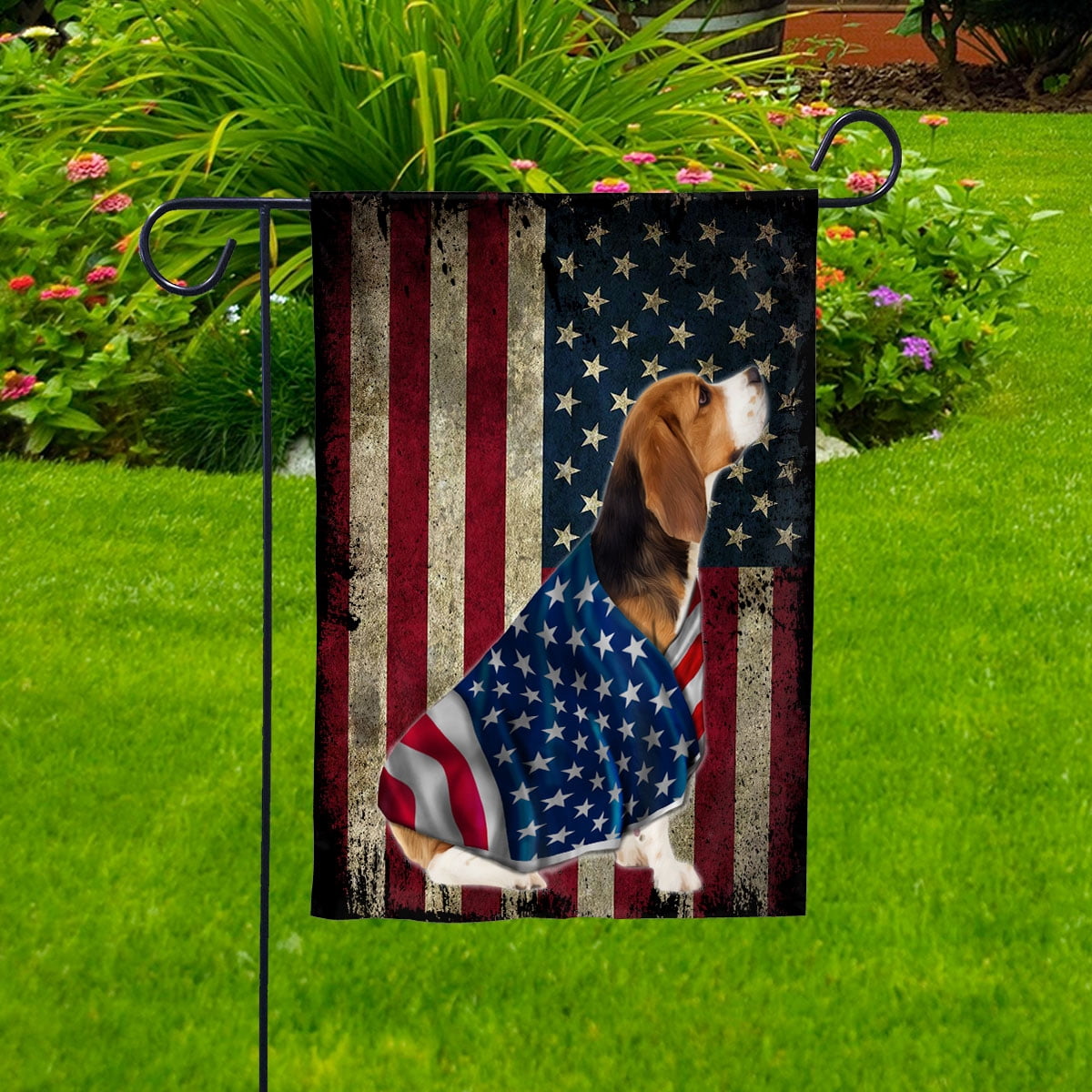 American Flag with Beagle Dog stand under the cross Patriot Patriotic 4th of july House Flag, Double-Sided Decorative Outdoor Flag, Patriotic Polyester Yard Flag 29.5 x 39.5 in