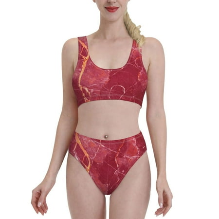Daiia Abstract Red Marble printed 2 piece Swimsuit Bikinis for Women High Waisted Racerback Bathing Suits Summer Tummy Control Scoop Neck Swimwear-Small