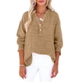 thumbnail image 5 of Linen Shirts for Women Summer Tops Casual Gauze Button Neck Long Sleeve Oversized Blouses Tops Lightweight Loose V Neck Pullover Shirts Earthy Yellow XL, 5 of 6