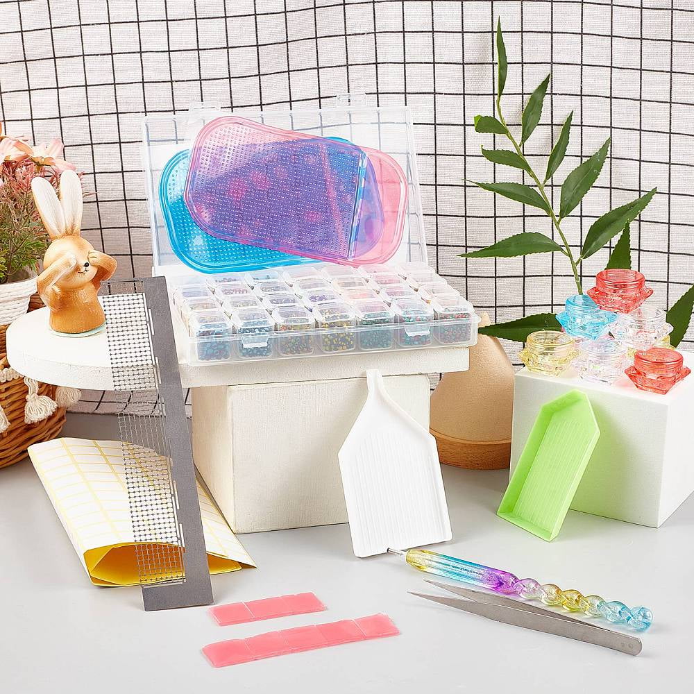 DIY Diamond Picture Kit with Iron Tweezers Label Paster DIY Rhinestones Picker Tools Tray Plate Plastic Cosmetics Jar & Silicone Pad Mixed color