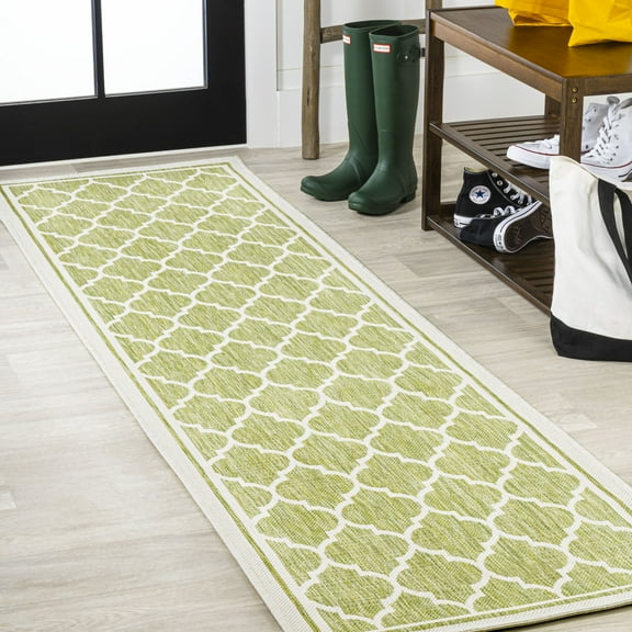 JONATHAN Y SANTA MONICA 2 x 10 Runner Rug, Trebol Moroccan Trellis Textured Weave - Green/Cream, SMB109G-210